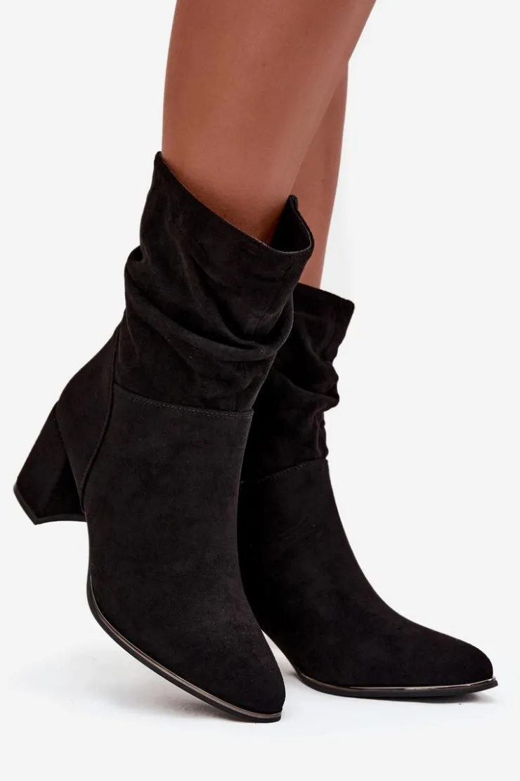 Damskie Boto Ocieplane Botki Damskie Z Marszczeniem Na Słupkowym Obcasie Czarne Ivressa