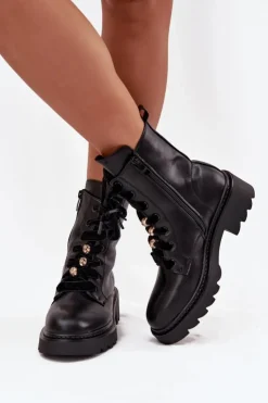 Boto Botki Sznurowane|Czarne Botki*Ocieplane Botki Damskie Z Ozdobnym Sznurowaniem Czarne Elindra Czarny