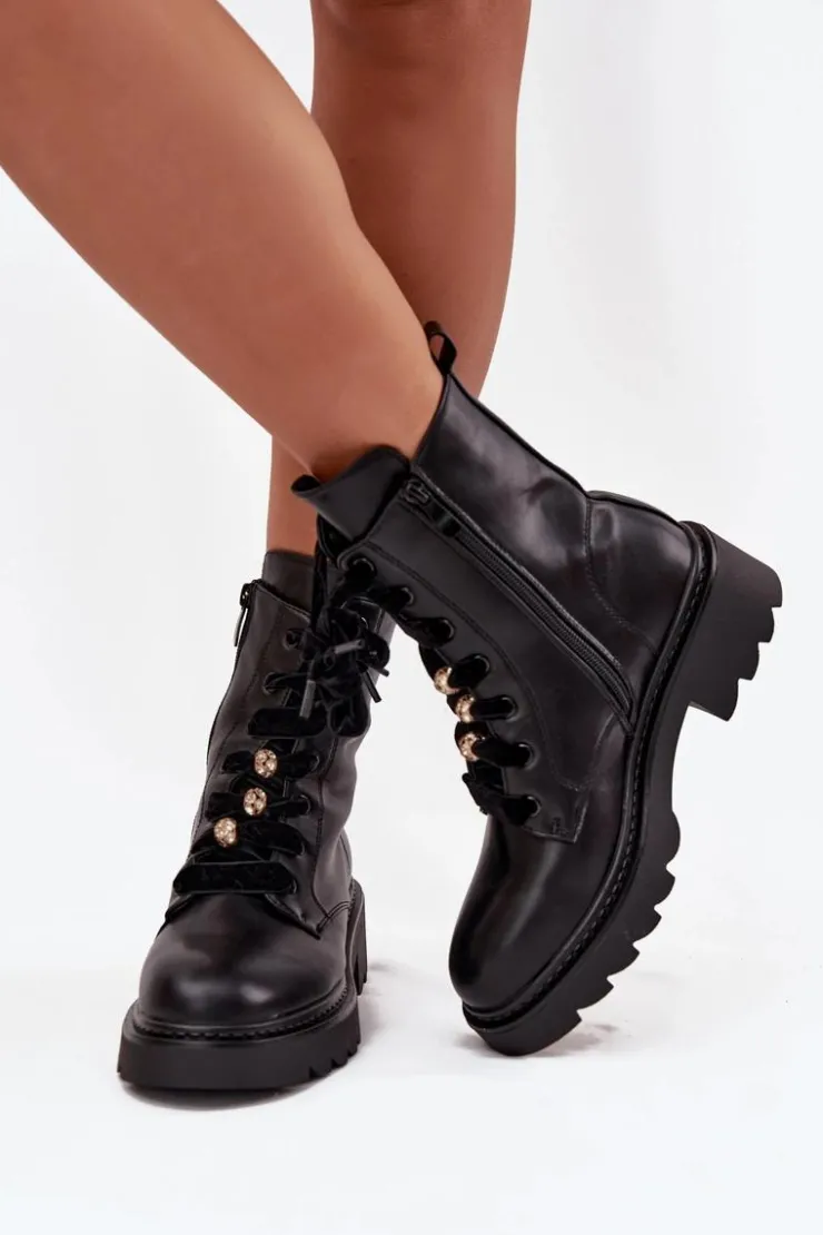 Boto Botki Sznurowane|Czarne Botki*Ocieplane Botki Damskie Z Ozdobnym Sznurowaniem Czarne Elindra Czarny