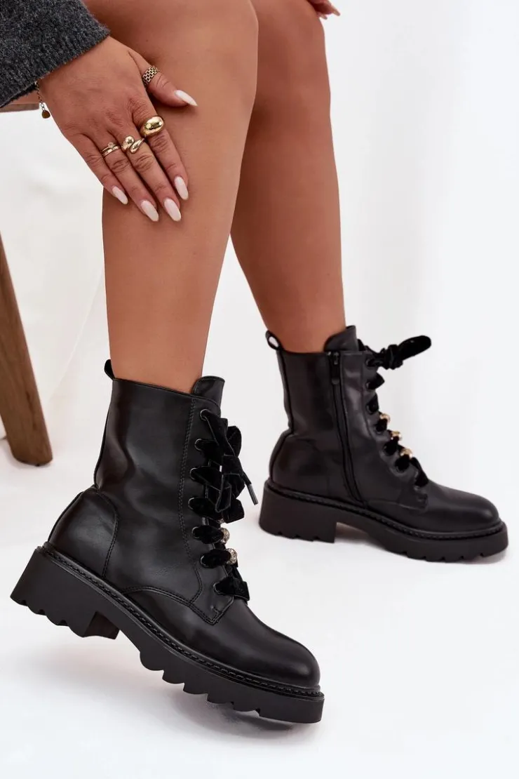 Boto Botki Sznurowane|Czarne Botki*Ocieplane Botki Damskie Z Ozdobnym Sznurowaniem Czarne Elindra Czarny