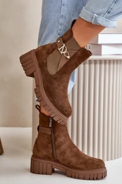 Damskie Boto Ocieplane Botki Damskie Ze Złotym Detalem Eko Zamszowe Brązowe Bervena