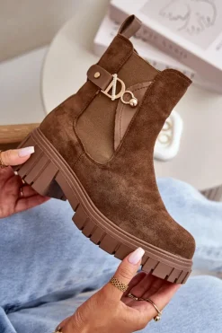 Damskie Boto Ocieplane Botki Damskie Ze Złotym Detalem Eko Zamszowe Brązowe Bervena