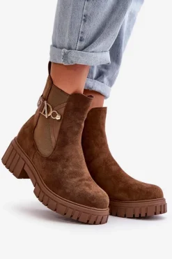 Damskie Boto Ocieplane Botki Damskie Ze Złotym Detalem Eko Zamszowe Brązowe Bervena