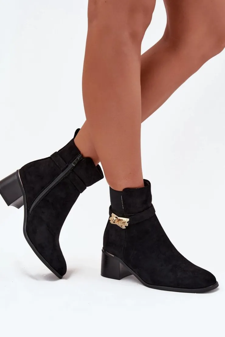 Boto Botki Ocieplane|Botki Na Słupku*Ocieplane Botki Damskie Ze Złotą Ozdobą Na Klocku Czarne Sarona