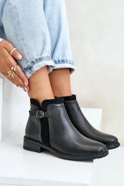 Boto Botki Zimowe Damskie|Botki Płaskie*Ocieplane Botki Damskie Z Niską Cholewką Na Zamek Eko Skórzane Czarne Taitha