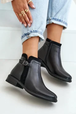 Boto Botki Zimowe Damskie|Botki Płaskie*Ocieplane Botki Damskie Z Niską Cholewką Na Zamek Eko Skórzane Czarne Taitha