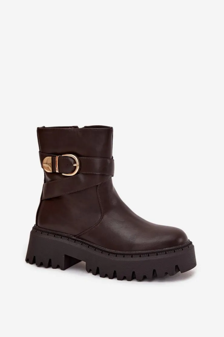 Sale Boto Ocieplane Botki Damskie Ze Złotą Klamrą Czekoladowe Elanore