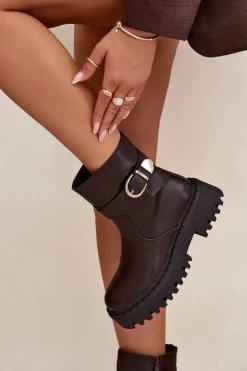 Sale Boto Ocieplane Botki Damskie Ze Złotą Klamrą Czekoladowe Elanore