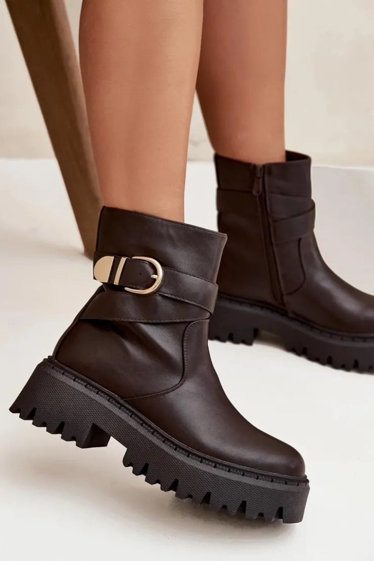 Sale Boto Ocieplane Botki Damskie Ze Złotą Klamrą Czekoladowe Elanore