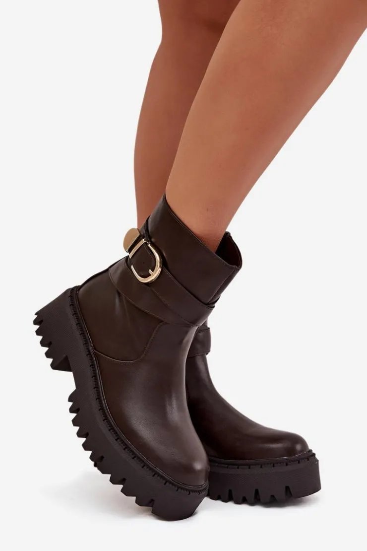 Sale Boto Ocieplane Botki Damskie Ze Złotą Klamrą Czekoladowe Elanore