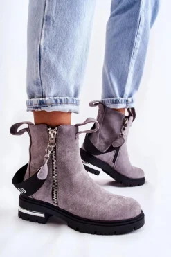 Discount Boto Ocieplane Botki Damskie Z Suwakiem Szare Calvaro