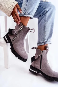 Discount Boto Ocieplane Botki Damskie Z Suwakiem Szare Calvaro