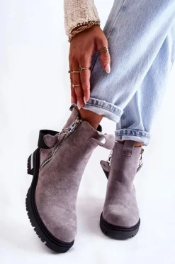 Discount Boto Ocieplane Botki Damskie Z Suwakiem Szare Calvaro