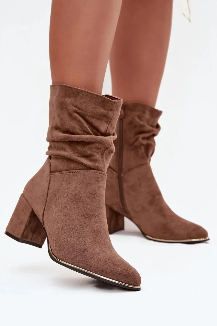 Boto Botki Na Słupku|Botki Zimowe Damskie*Ocieplane Botki Damskie Z Marszczeniem Na Słupkowym Obcasie Brązowe Ivressa