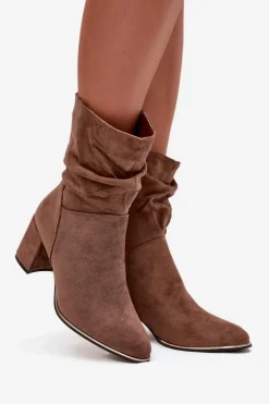 Boto Botki Na Słupku|Botki Zimowe Damskie*Ocieplane Botki Damskie Z Marszczeniem Na Słupkowym Obcasie Brązowe Ivressa