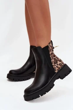 Damskie Boto Ocieplane Botki Damskie Ze Złotym Detalem Panterka Czarne Calista
