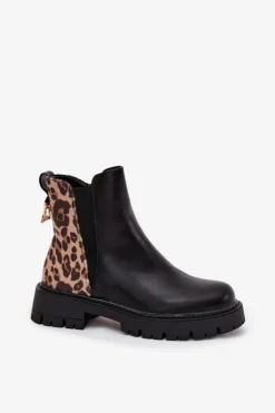 Damskie Boto Ocieplane Botki Damskie Ze Złotym Detalem Panterka Czarne Calista