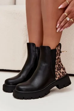Damskie Boto Ocieplane Botki Damskie Ze Złotym Detalem Panterka Czarne Calista