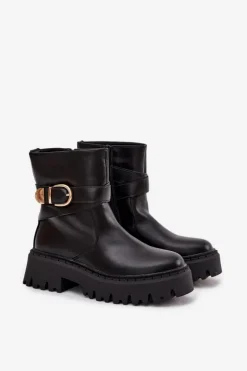 Damskie Boto Ocieplane Botki Damskie Ze Złotą Klamrą Czarne Elanore
