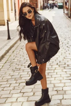 Damskie Boto Ocieplane Botki Damskie Ze Złotą Klamrą Czarne Elanore