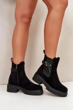 Outlet Boto Ocieplane Botki Damskie Ze Złotym Detalem Eko Zamszowe Czarne Bervena