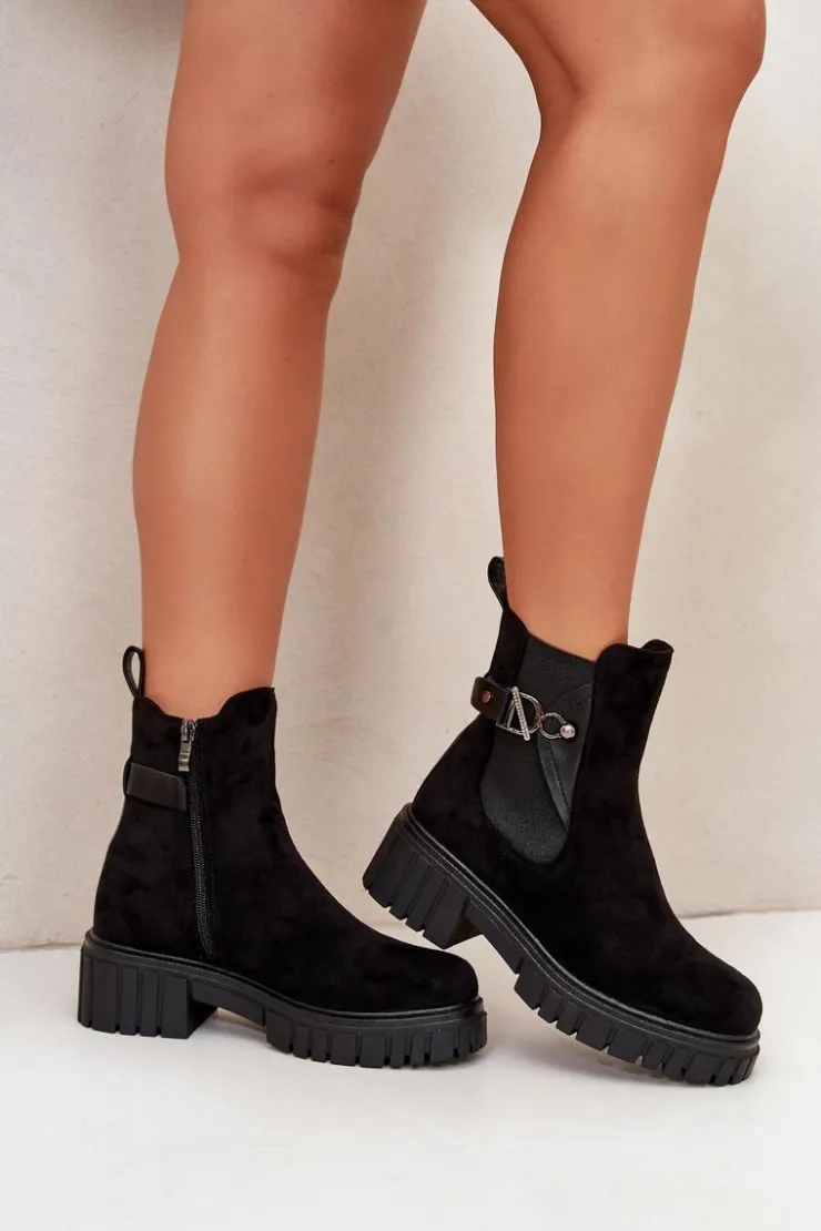 Outlet Boto Ocieplane Botki Damskie Ze Złotym Detalem Eko Zamszowe Czarne Bervena