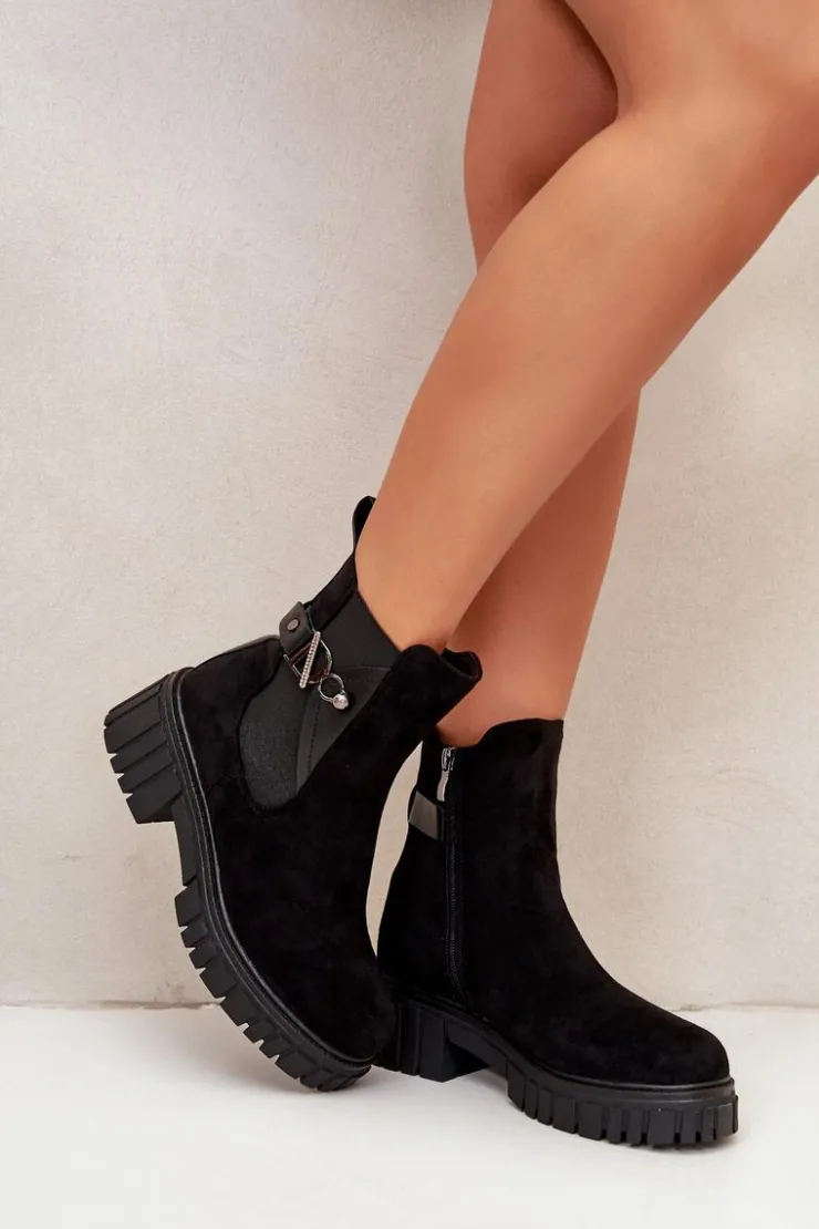 Outlet Boto Ocieplane Botki Damskie Ze Złotym Detalem Eko Zamszowe Czarne Bervena