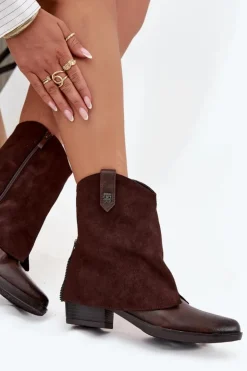 Damskie Boto Ocieplane Botki Kowbojki Na Obcasie Czekoladowe Sylvette