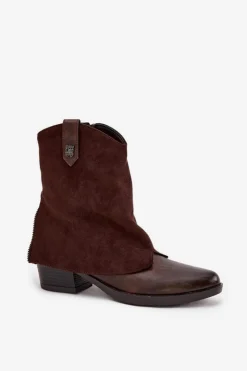 Damskie Boto Ocieplane Botki Kowbojki Na Obcasie Czekoladowe Sylvette