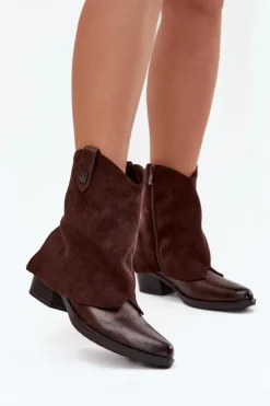 Damskie Boto Ocieplane Botki Kowbojki Na Obcasie Czekoladowe Sylvette