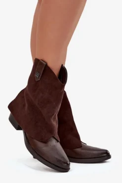 Damskie Boto Ocieplane Botki Kowbojki Na Obcasie Czekoladowe Sylvette