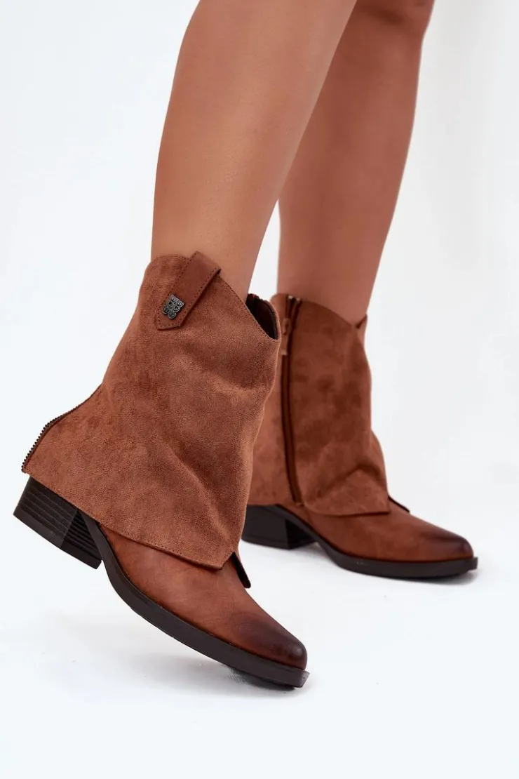 Boto Botki Ocieplane|Czarne Botki*Ocieplane Botki Kowbojki Na Obcasie Camel Sylvette Brązowy