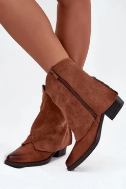 Boto Botki Ocieplane|Czarne Botki*Ocieplane Botki Kowbojki Na Obcasie Camel Sylvette Brązowy