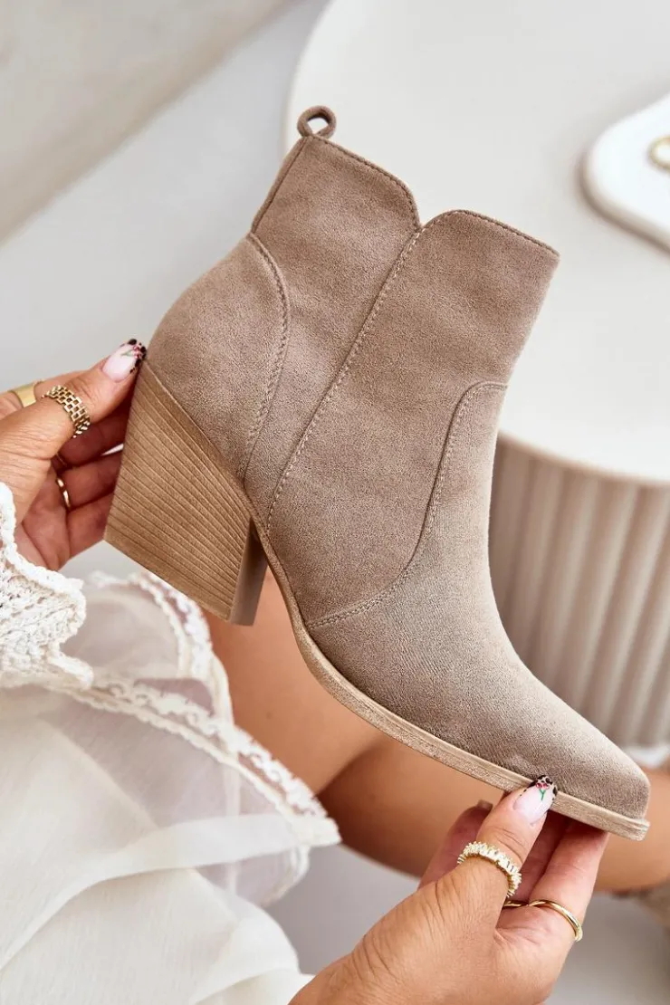 Boto Botki Na Słupku|Brązowe I Beżowe Botki*Ocieplane Botki Kowbojki Eko Zamszowe Na Zamek Ciemnobeżowe Virtris