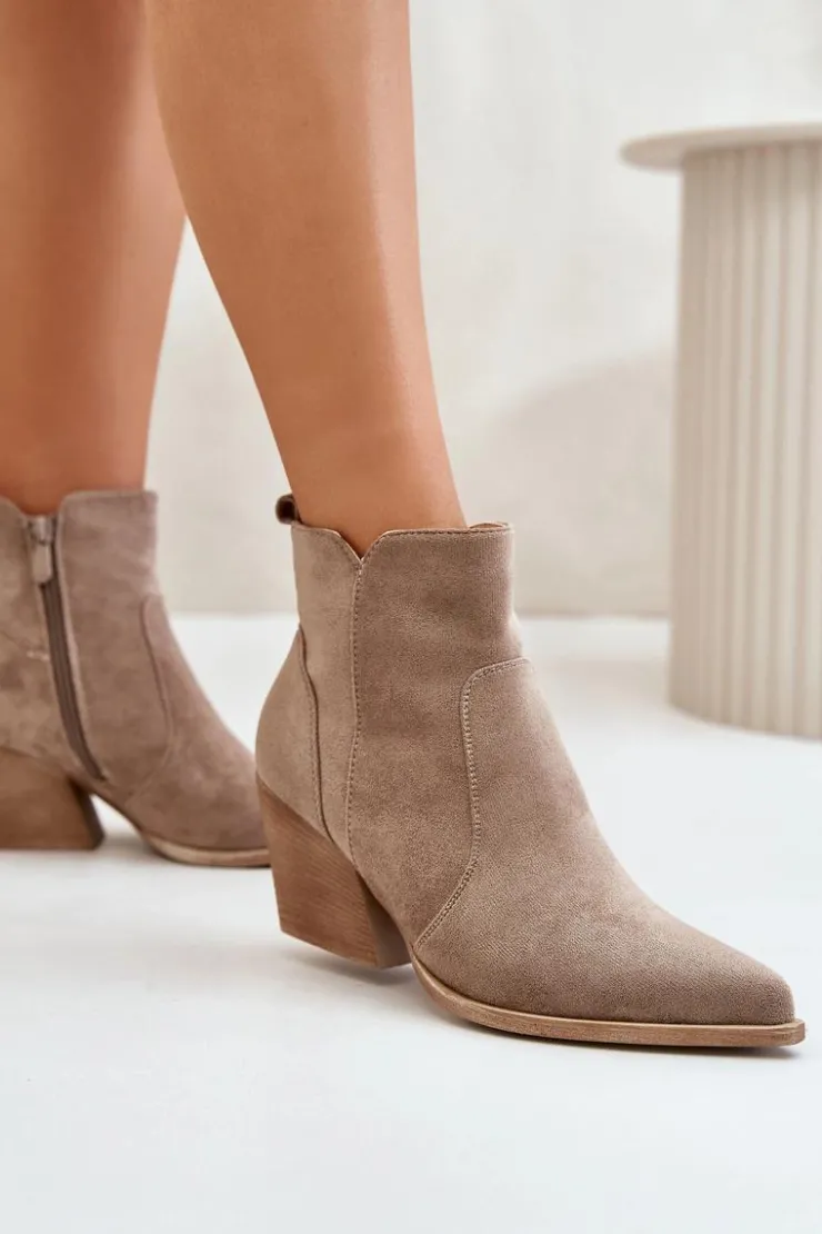 Boto Botki Na Słupku|Brązowe I Beżowe Botki*Ocieplane Botki Kowbojki Eko Zamszowe Na Zamek Ciemnobeżowe Virtris