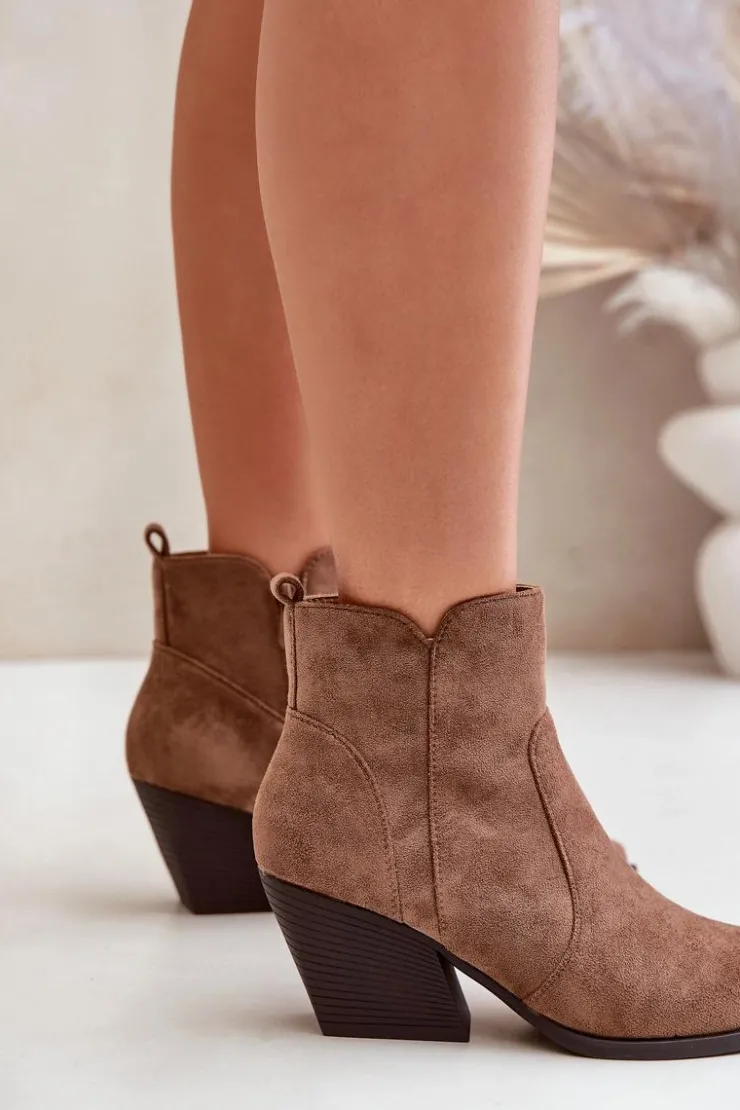 Boto Botki Na Słupku|Brązowe I Beżowe Botki*Ocieplane Botki Kowbojki Eko Zamszowe Na Zamek Brązowe Virtris