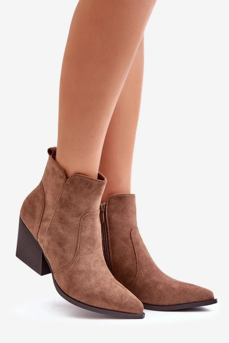 Boto Botki Na Słupku|Brązowe I Beżowe Botki*Ocieplane Botki Kowbojki Eko Zamszowe Na Zamek Brązowe Virtris