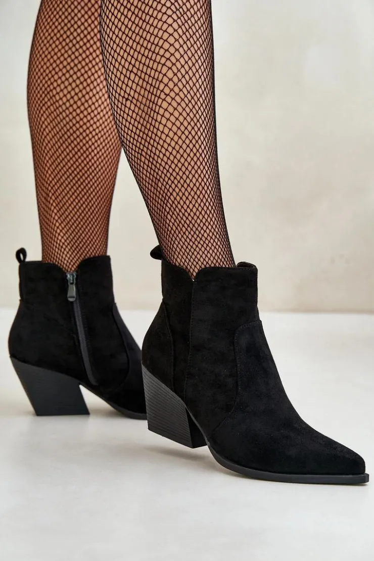 Damskie Boto Ocieplane Botki Kowbojki Eko Zamszowe Na Zamek Czarne Virtris