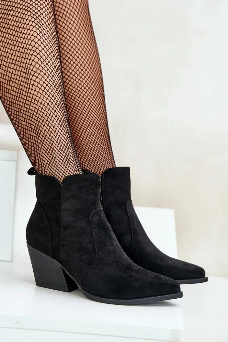 Damskie Boto Ocieplane Botki Kowbojki Eko Zamszowe Na Zamek Czarne Virtris