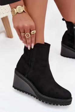 Boto Botki Ocieplane|Botki Na Koturnie*Ocieplane Botki Na Koturnie Z Eko Zamszu Czarne Mavona Czarny