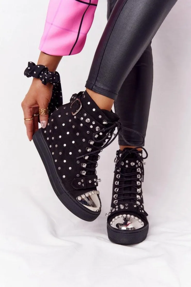 Damskie Boto Ocieplane Botki Na Koturnie Z Dżetami Zamszowe Czarne Lu Boo