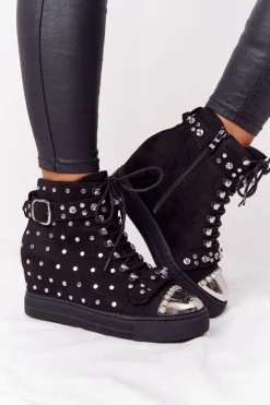 Damskie Boto Ocieplane Botki Na Koturnie Z Dżetami Zamszowe Czarne Lu Boo