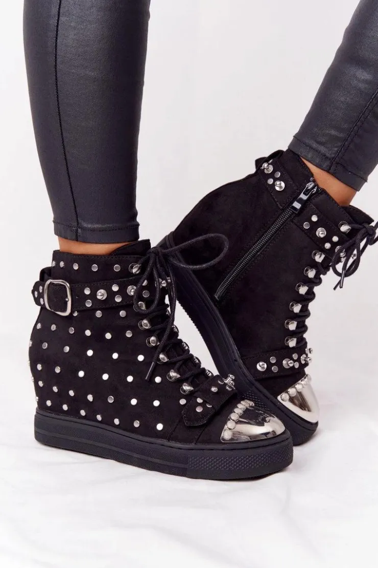 Damskie Boto Ocieplane Botki Na Koturnie Z Dżetami Zamszowe Czarne Lu Boo