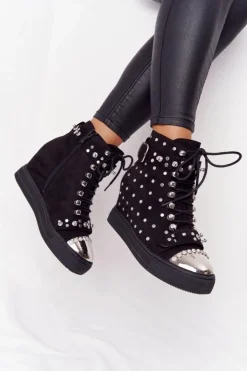 Damskie Boto Ocieplane Botki Na Koturnie Z Dżetami Zamszowe Czarne Lu Boo