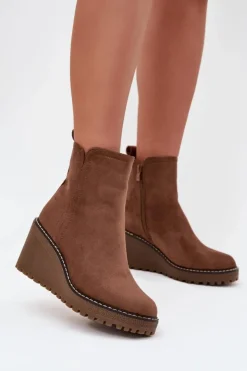Damskie Boto Ocieplane Botki Na Koturnie Z Eko Zamszu Brązowe Mavona