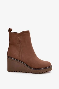 Damskie Boto Ocieplane Botki Na Koturnie Z Eko Zamszu Brązowe Mavona