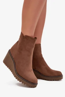 Damskie Boto Ocieplane Botki Na Koturnie Z Eko Zamszu Brązowe Mavona