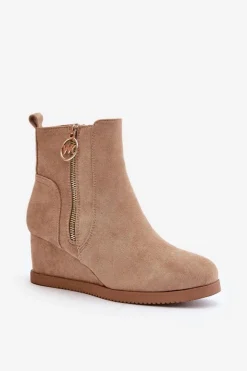 Boto Botki Na Koturnie|Czarne Botki*Ocieplane Botki Na Koturnie Z Ozdobnym Zamkiem Eko Zamszowe Ciemnobeżowe Leretha