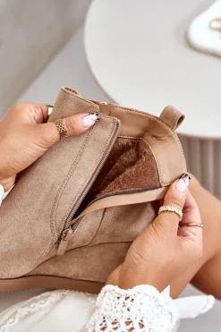 Boto Botki Na Koturnie|Czarne Botki*Ocieplane Botki Na Koturnie Z Ozdobnym Zamkiem Eko Zamszowe Ciemnobeżowe Leretha