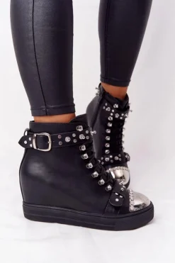 Clearance Boto Ocieplane Botki Na Koturnie Z Dżetami Czarne Lu Boo
